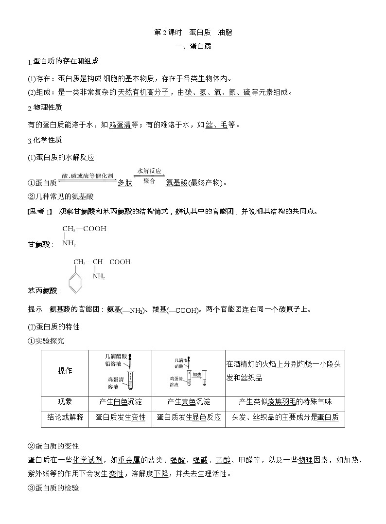 25-26学年高中化学人教版必修第二册教案：第七章 第四节 第二课时 蛋白质 油脂第1页