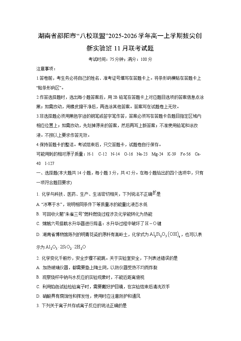 2025-2026学年湖南省邵阳市“八校联盟”高一上学期拔尖创新实验班11月联考化学试卷（学生版）第1页