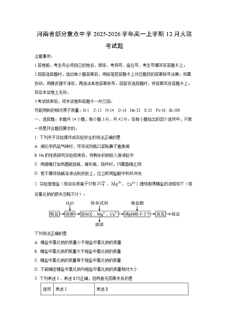 2025-2026学年河南省部分重点中学高一上学期12月大联考化学试卷（学生版）第1页