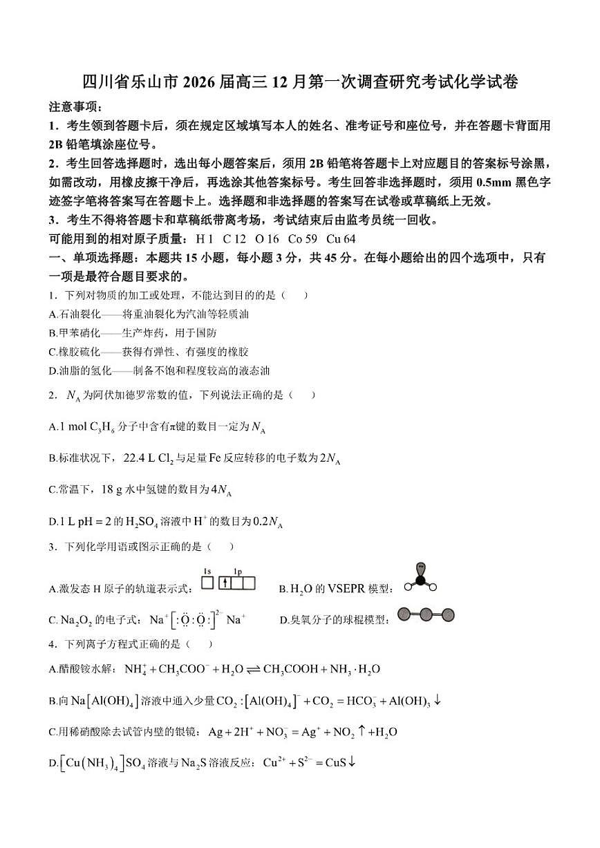 四川省乐山市2026届高三上12月第一次调查研究考试化学试卷（含答案）第1页