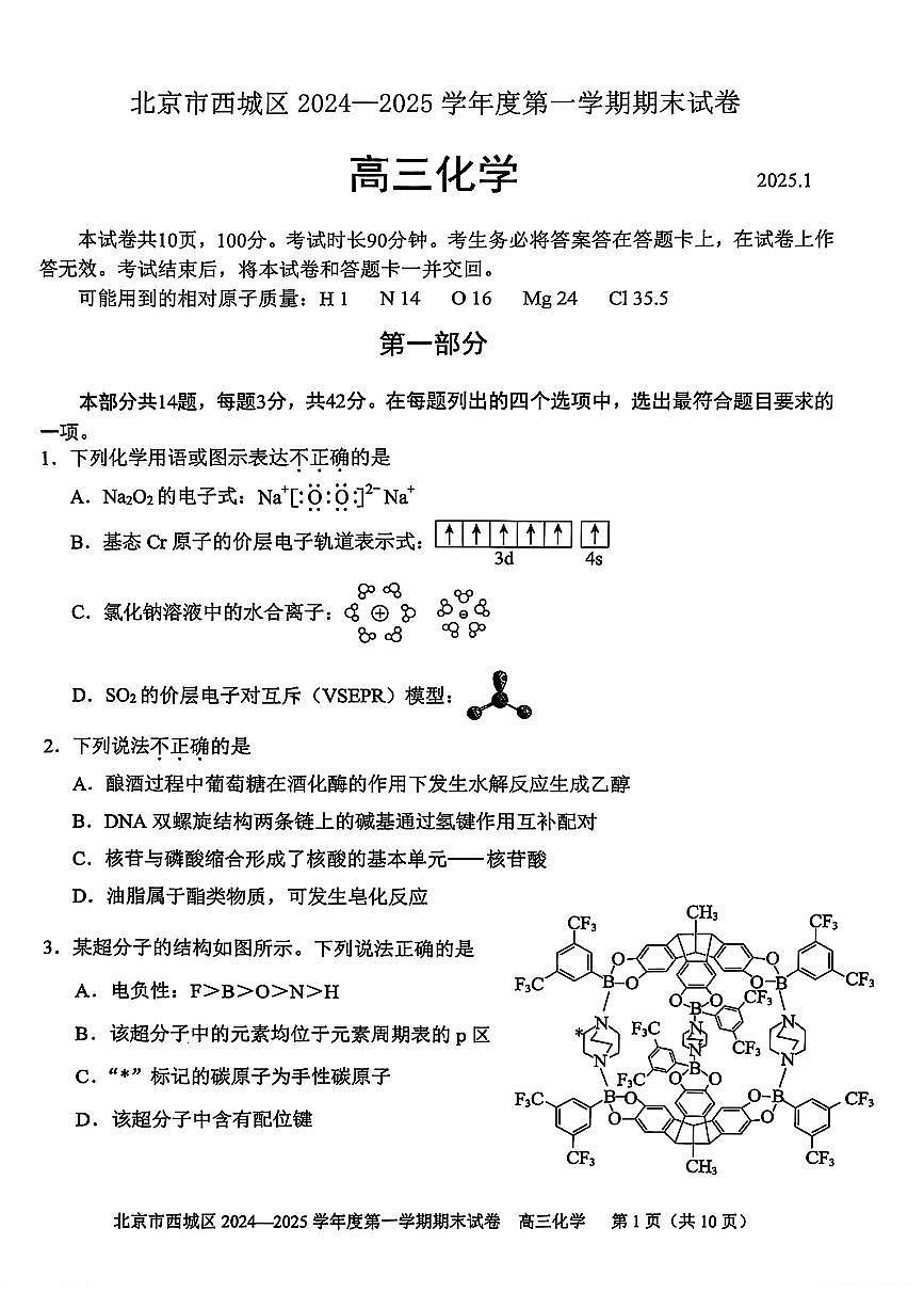2024~2025学年度北京市西城高三（上）期末化学试题 附答案第1页