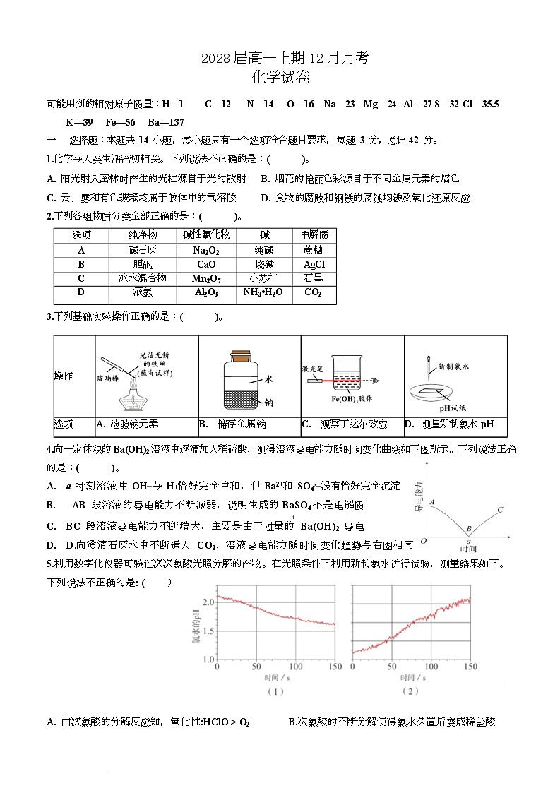 四川省仁寿第一中学校（北校区）2025-2026学年高一上学期12月月考化学试题第1页