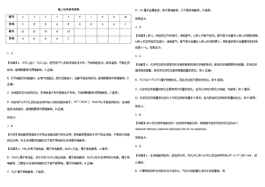 高二化学参考答案第1页