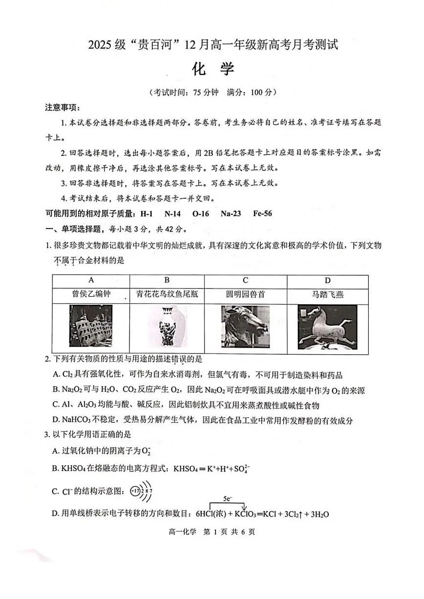 2025-2026学年广西贵百河高一上学期12月新高考月考测试化学试卷（有答案）第1页