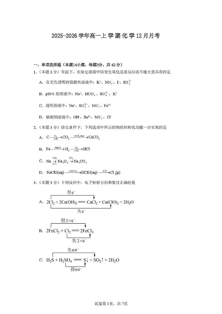2025-2026学年河南省漯河市临颍县博雅学校高一上学期12月月考化学试题（有答案）第1页