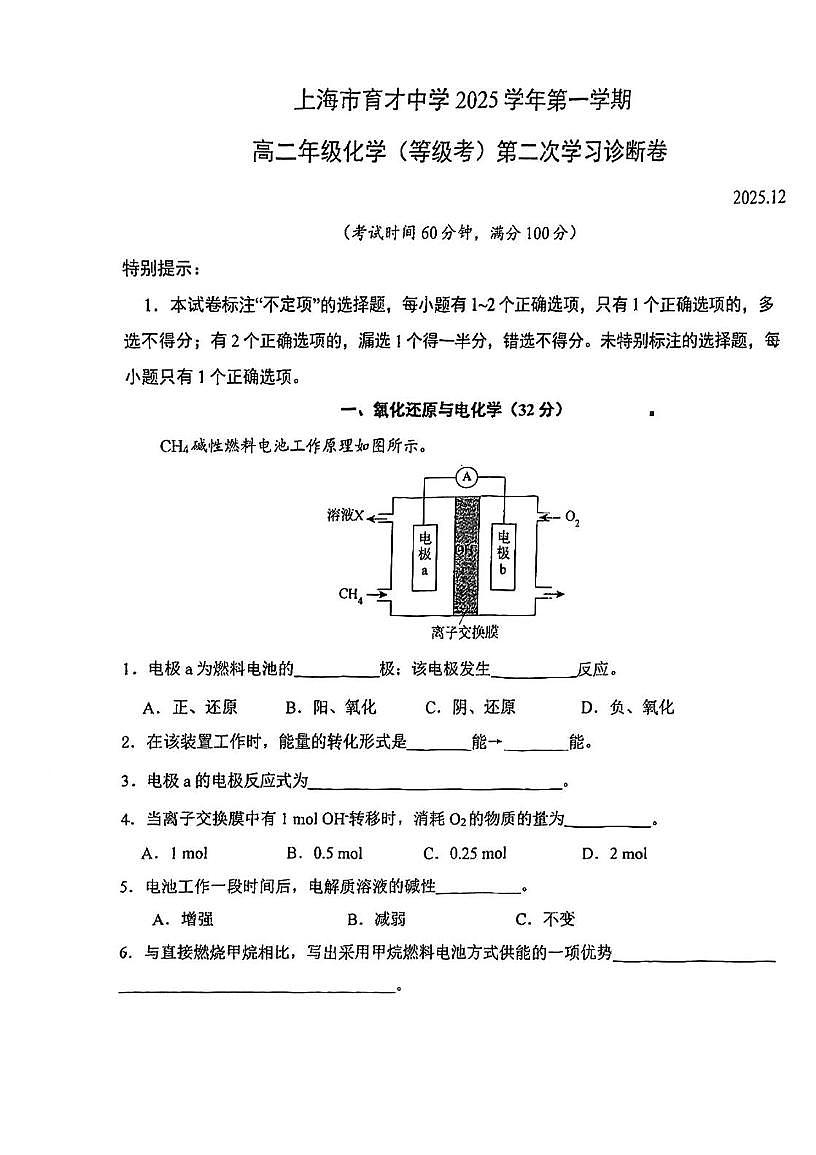 上海市育才中学2025-2026学年高二上学期12月第二次学习诊断化学试题（等级考）（月考）第1页