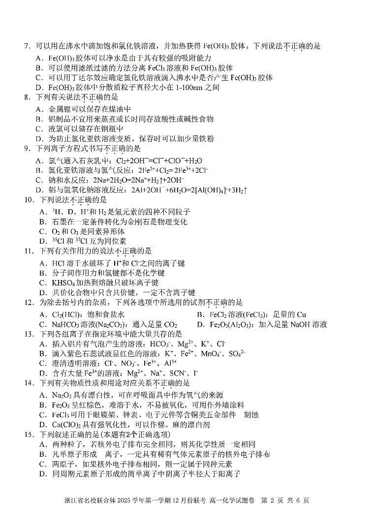 浙江省名校联合体2025-2026学年高一上学期12月月考化学试卷（含答案）第2页