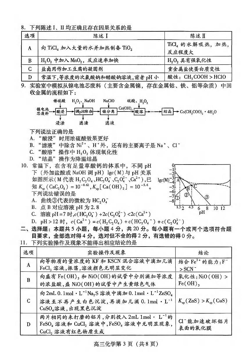 化学丨山东省潍坊市2026届高三上学期11月期中考试阶段性诊断监测试卷及答案第3页