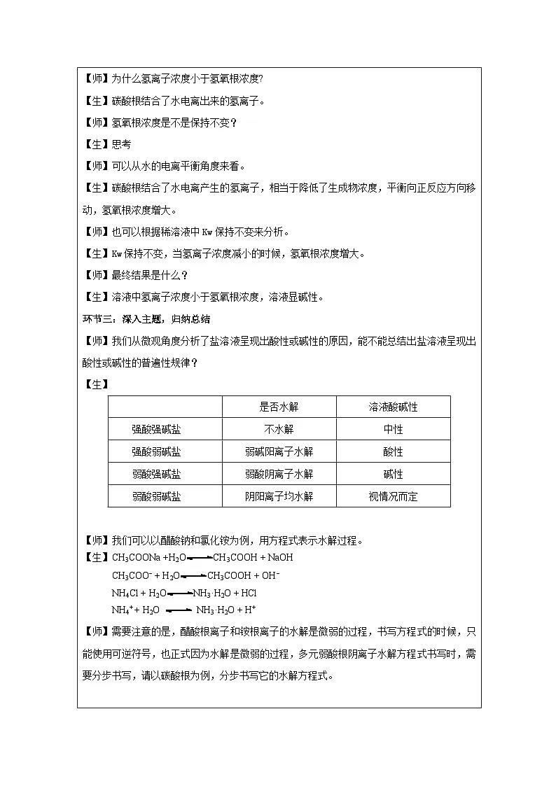 人教版高中 化学选修1 化学反应原理 3.3盐类的水解 表格式教案第2页