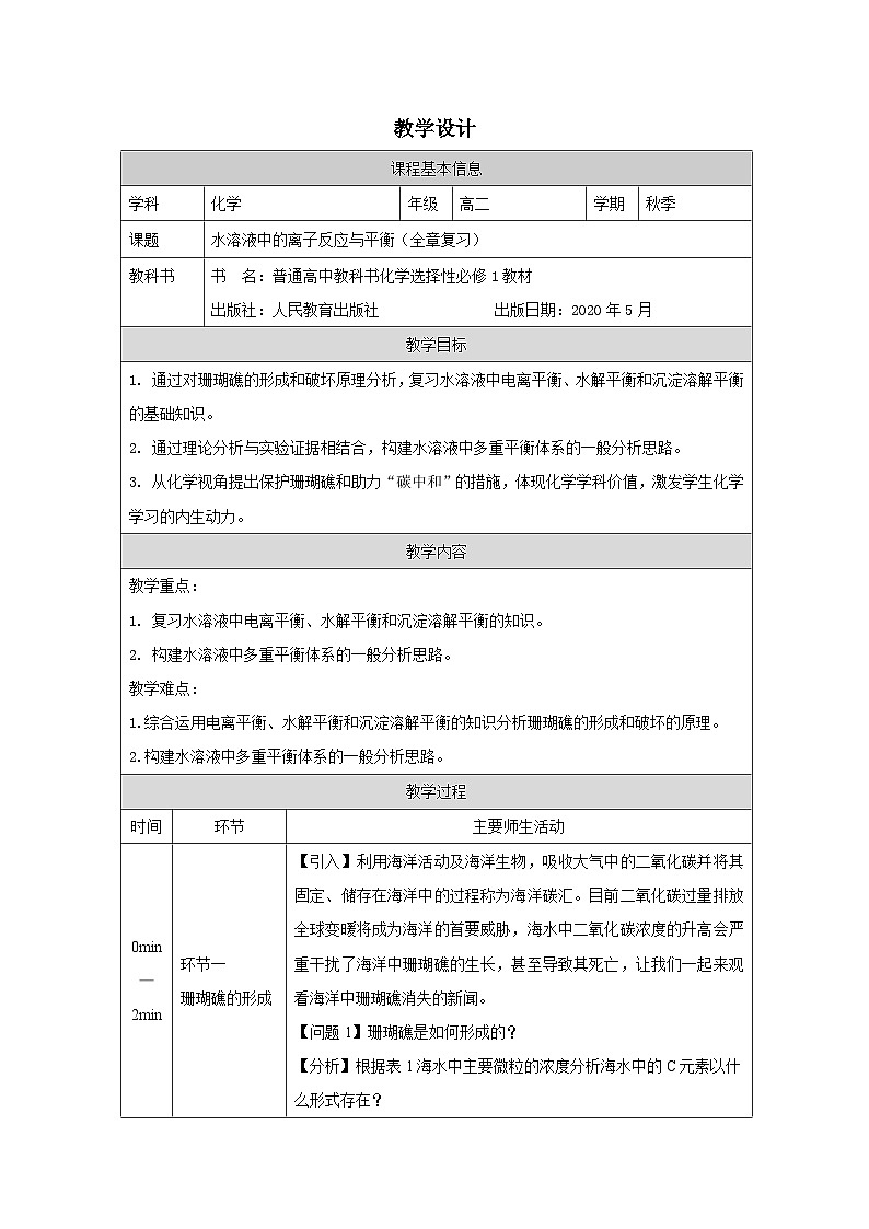 人教版高中 化学选修1 化学反应原理 第三章 整理与复习 表格式教案第1页