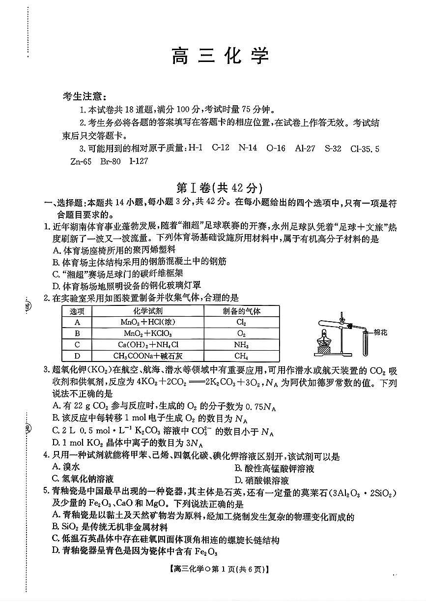 化学试卷-2026届湖南金太阳高三一月联考第1页