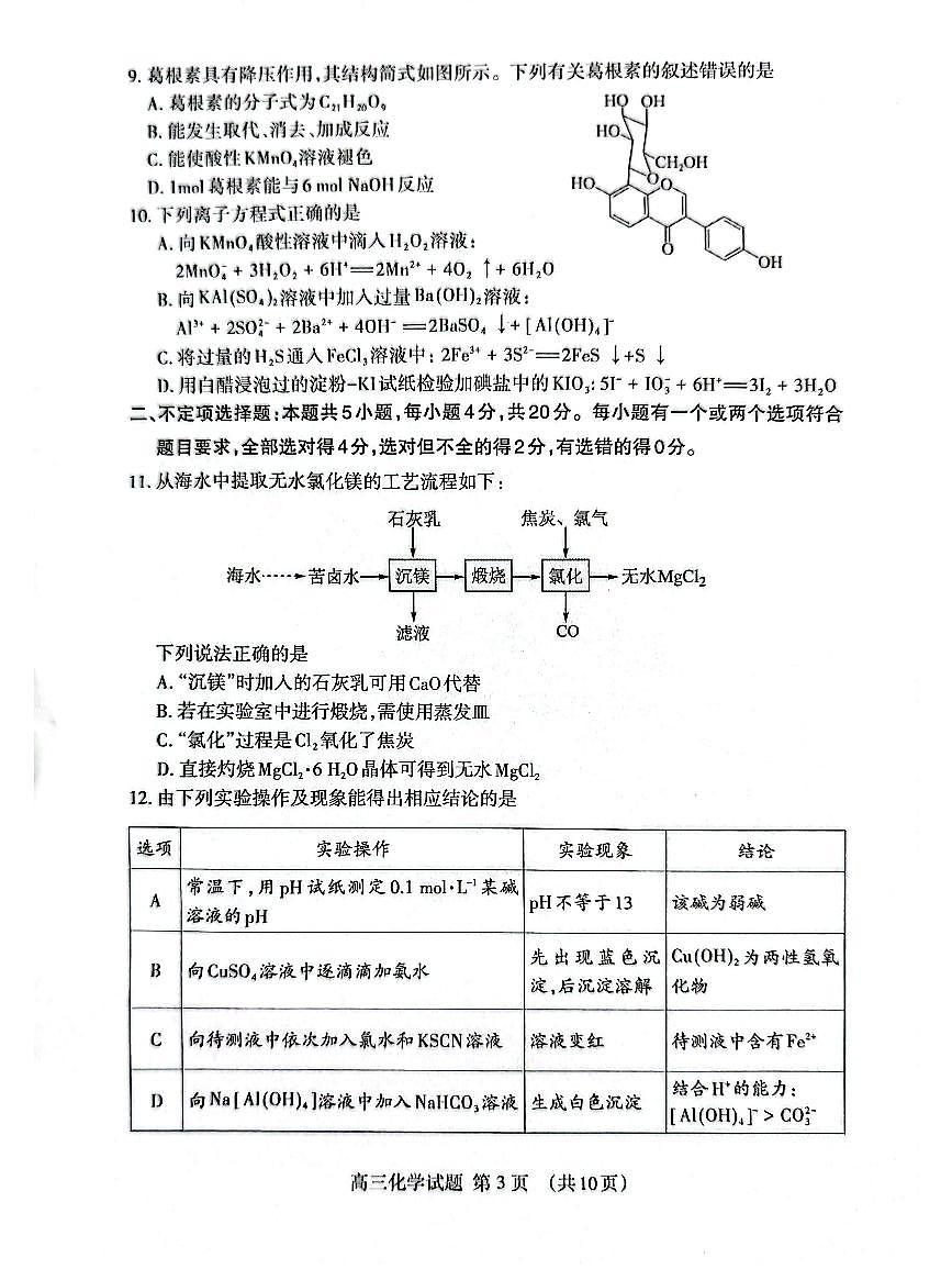 山东省泰安市2026届高三第一学期期末考试 化学试题+答案第3页