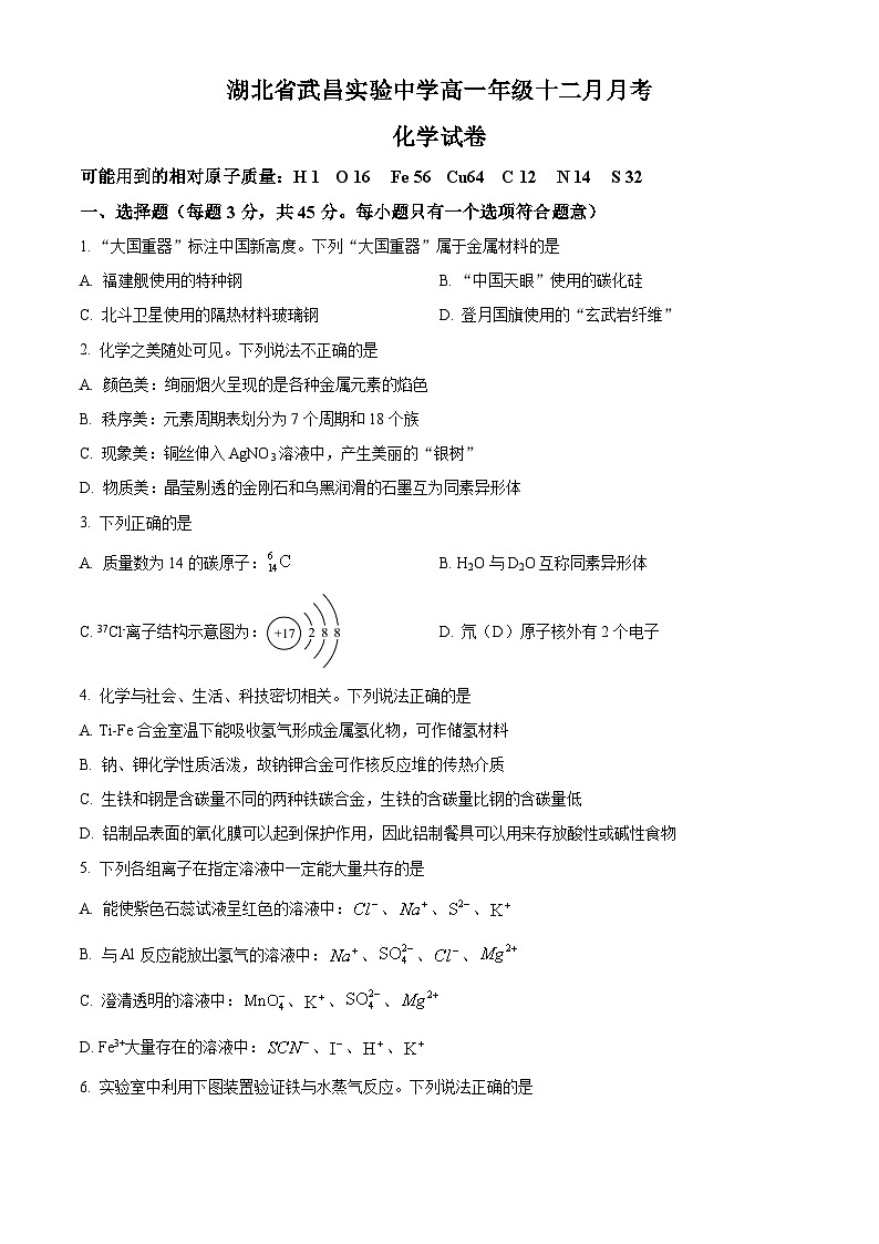 湖北省武昌实验中学2025-2026学年高一上学期十二月月考化学试卷（原卷版）第1页