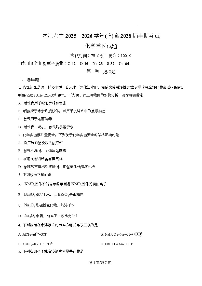四川省内江市第六中学2025-2026学年高一上学期半期考试化学试题（原卷版）第1页