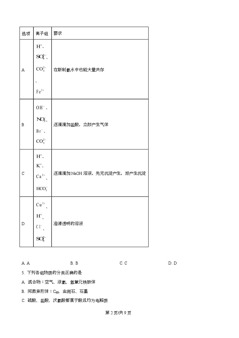 四川省遂宁市蓬溪中学2025-2026学年高一上学期第三次质量检测化学试题（原卷版）第2页