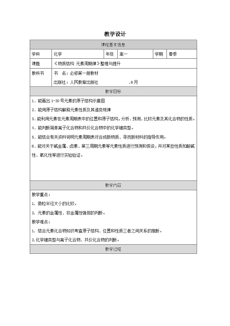 人教版高中化学必修第一册第四章 整理与提升 表格式教案.第1页