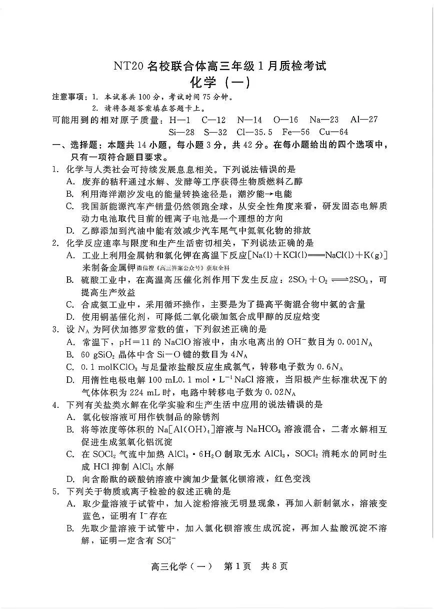 2025-2026学年NT20,名校高三上学期1月化学试题及答案第1页