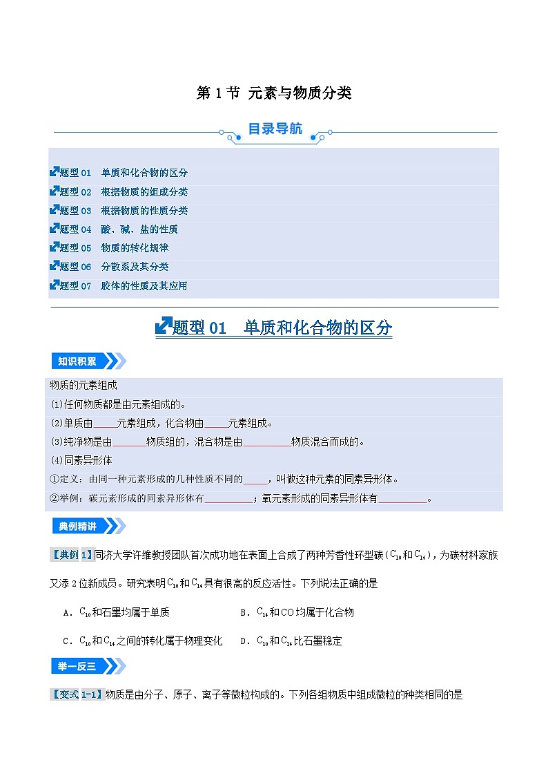 第1节 元素与物质分类（专项训练）（原卷版）第1页