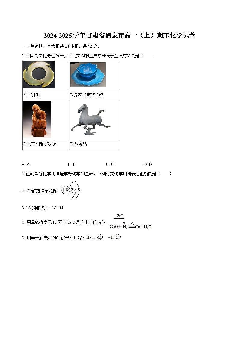 2024-2025学年甘肃省酒泉市高一（上）期末化学试卷-自定义类型第1页