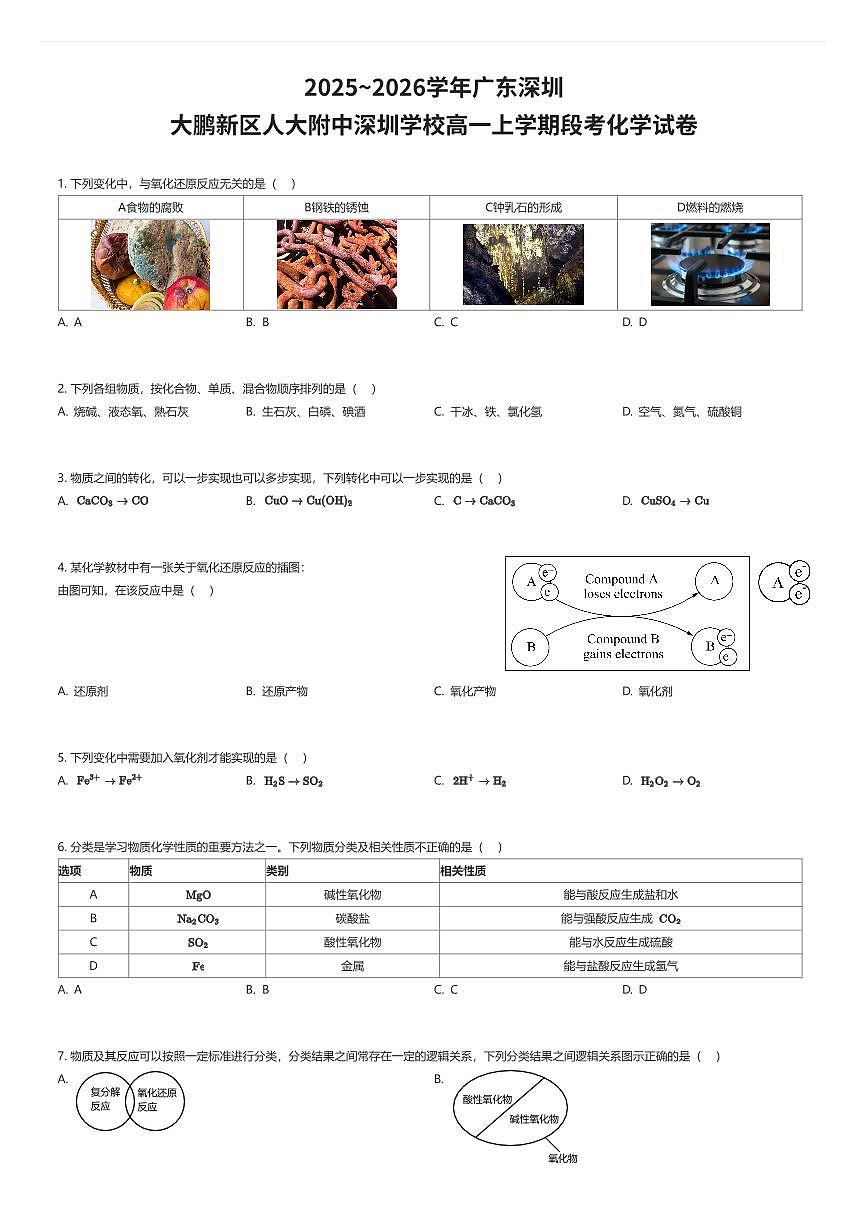 2025~2026学年广东深圳大鹏新区人大附中深圳学校高一上学期段考化学试卷（有答案解析）第1页
