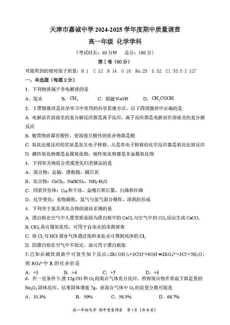 天津市嘉诚中学2024-2025学年高一上学期期中考试化学试题第1页