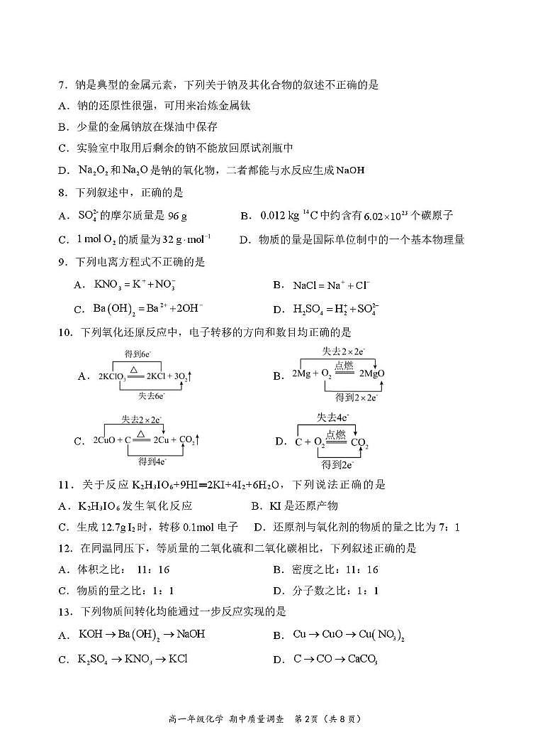 天津市嘉诚中学2024-2025学年高一上学期期中考试化学试题第2页