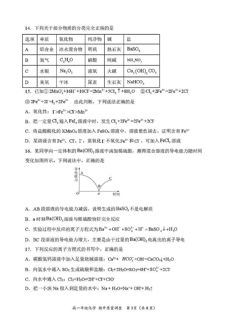 天津市嘉诚中学2024-2025学年高一上学期期中考试化学试题第3页