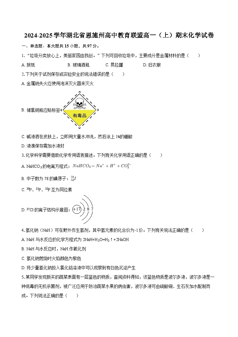2024-2025学年湖北省恩施州高中教育联盟高一（上）期末化学试卷-自定义类型第1页
