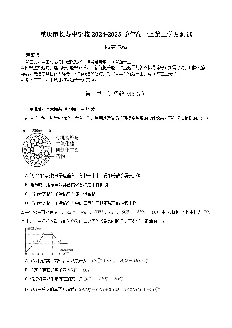 重庆市长寿中学校2024-2025学年高一上学期12月月考化学试题第1页
