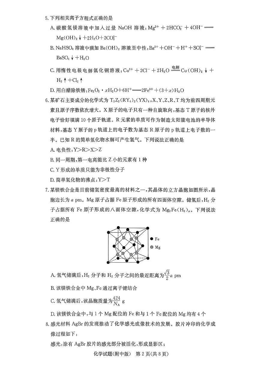 湖南师大附中2026届高三上学期第五次月考化学试题（含答案）第2页