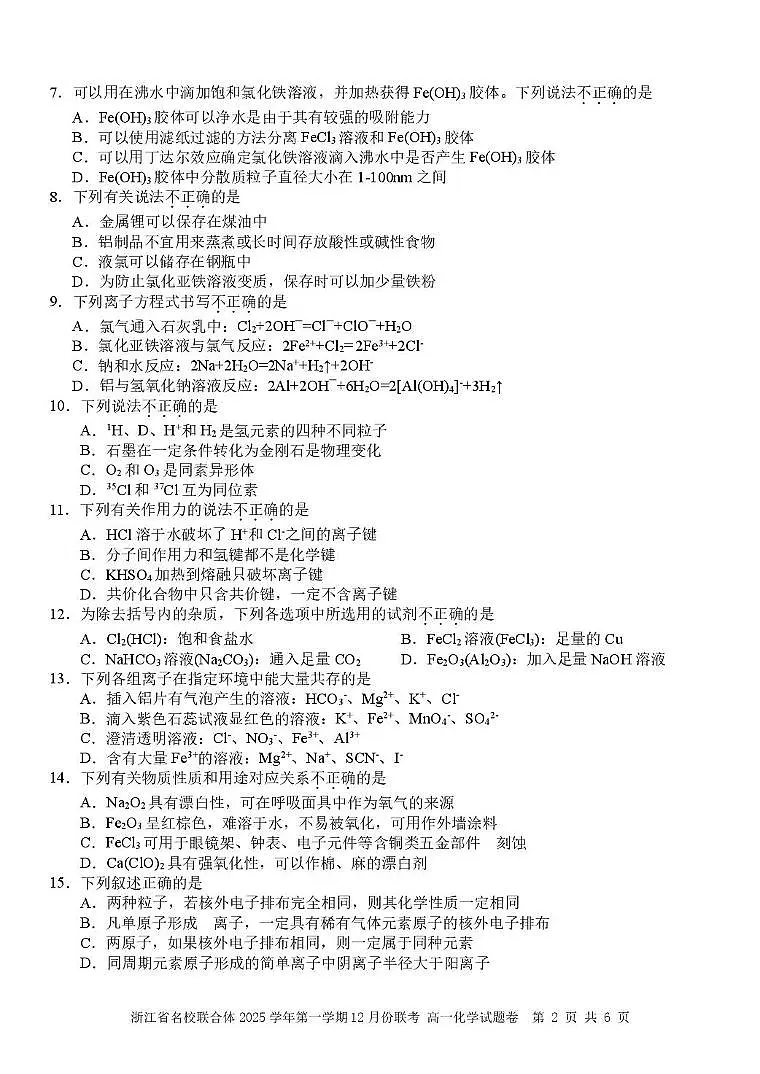 浙江名校联合体2025-2026学年高一上学期12月月考化学试题（含答案）第2页