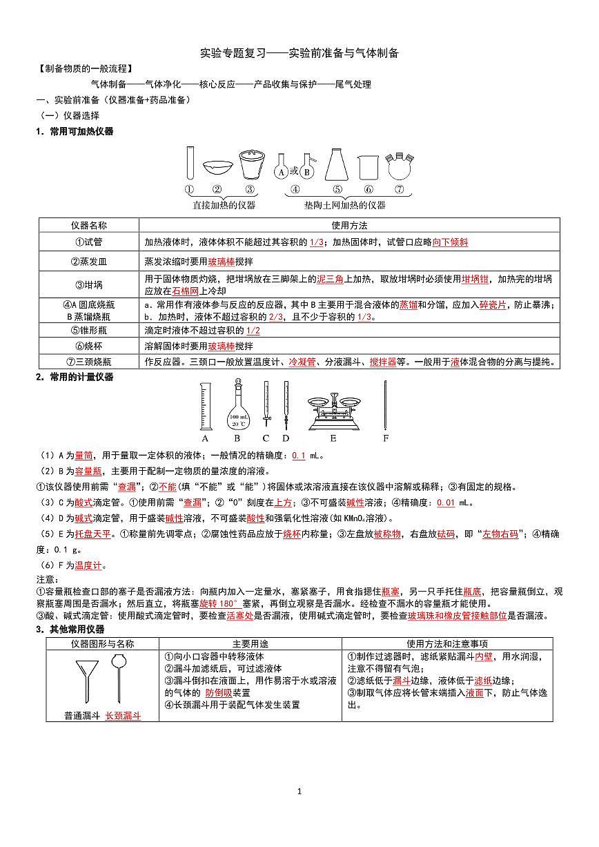 实验专题复习——实验前准备与气体制备（教师版）第1页