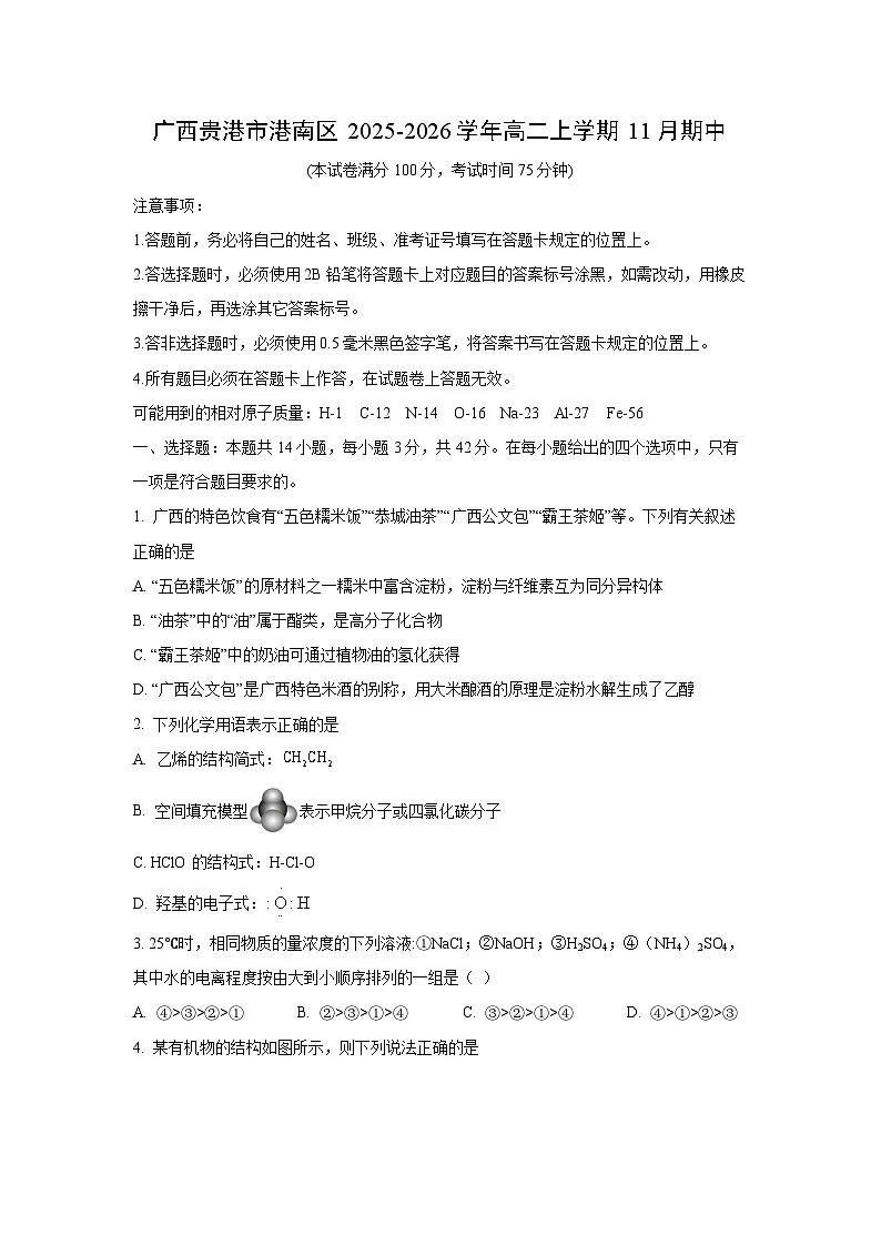 2025-2026学年广西贵港市港南区高二上学期11月期中化学试卷（学生版）第1页