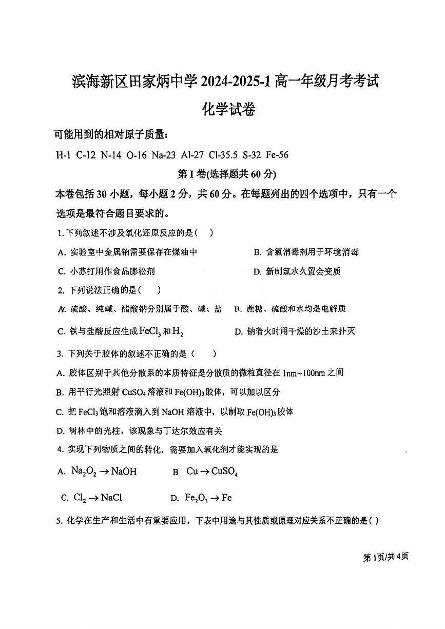 天津市滨海新区田家炳中学2024-2025学年高一上学期月考化学试题第1页