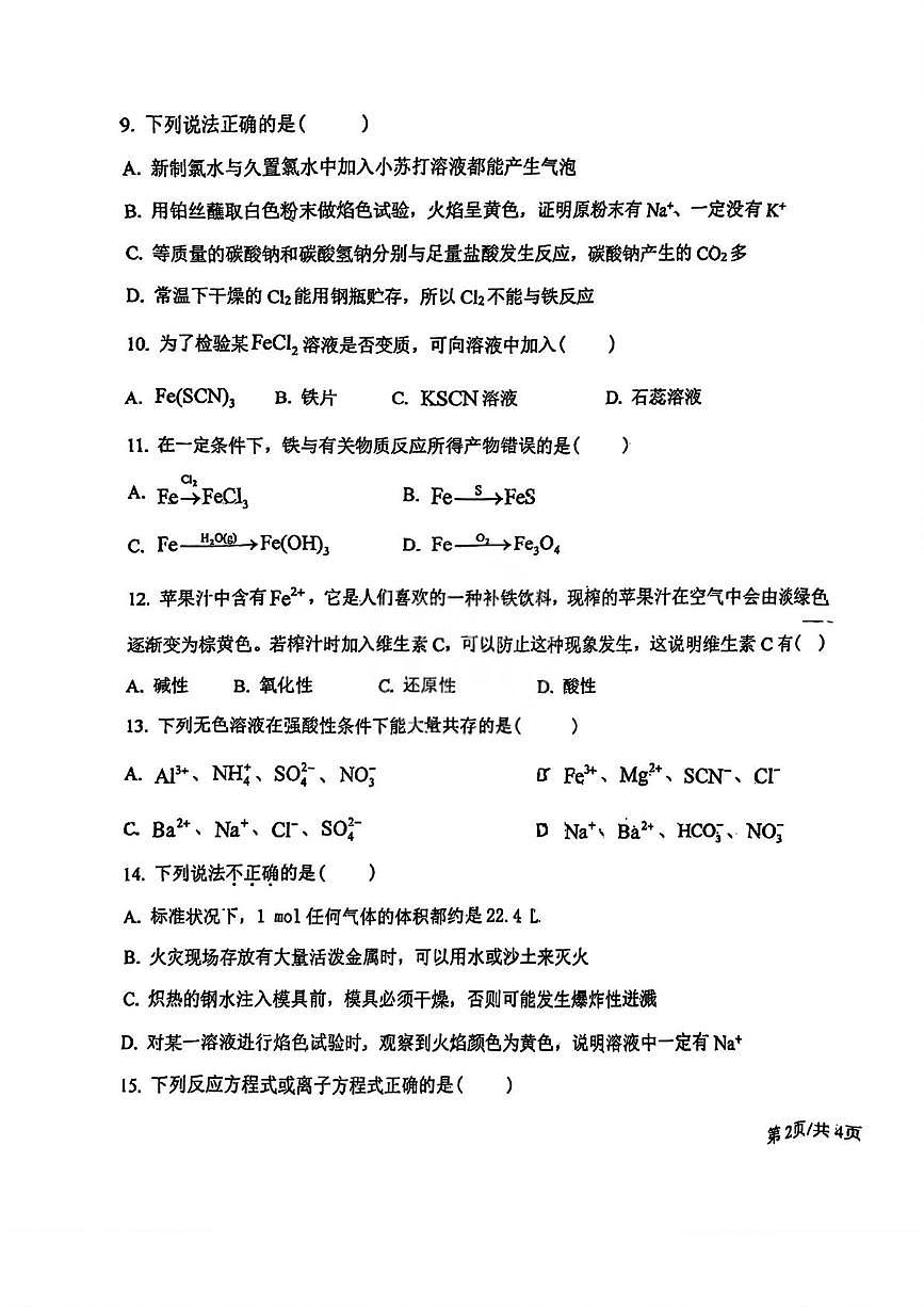天津市滨海新区田家炳中学2024-2025学年高一上学期月考化学试题第3页