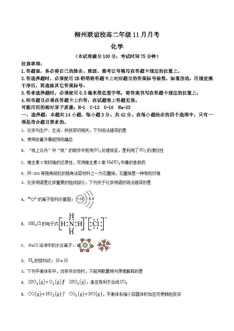 广西柳州市联谊校2025-2026学年高二上学期11月月考化学试卷（Word版附答案）第1页