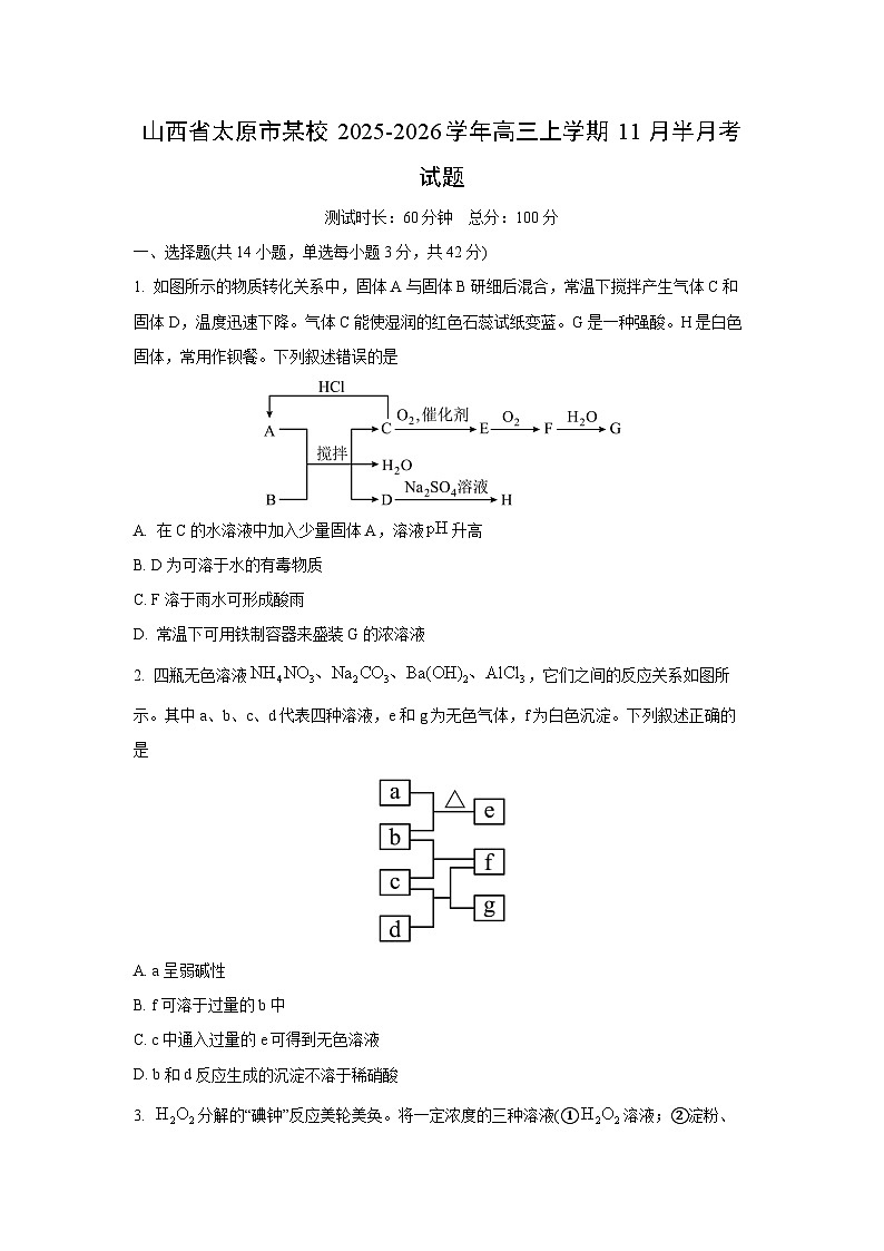 2025-2026学年山西省太原市某校高三上学期11月半月考化学试卷（学生版）第1页