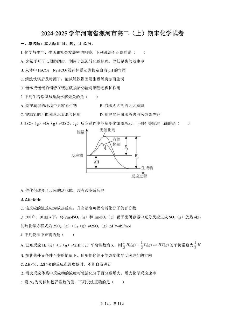 2024-2025学年河南省漯河市高二（上）期末化学试卷（含答案）第1页