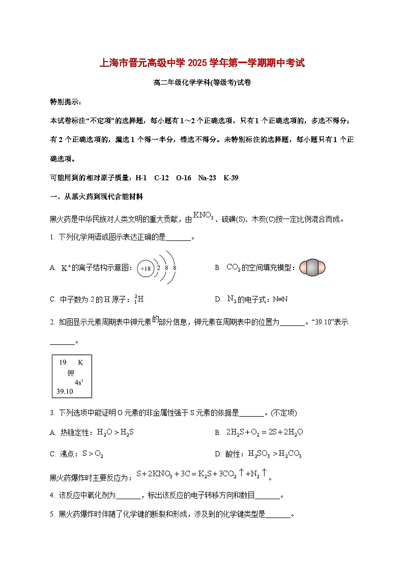 上海市晋元高级中学2025~2026学年高二上册期中化学试题[附解析]第1页