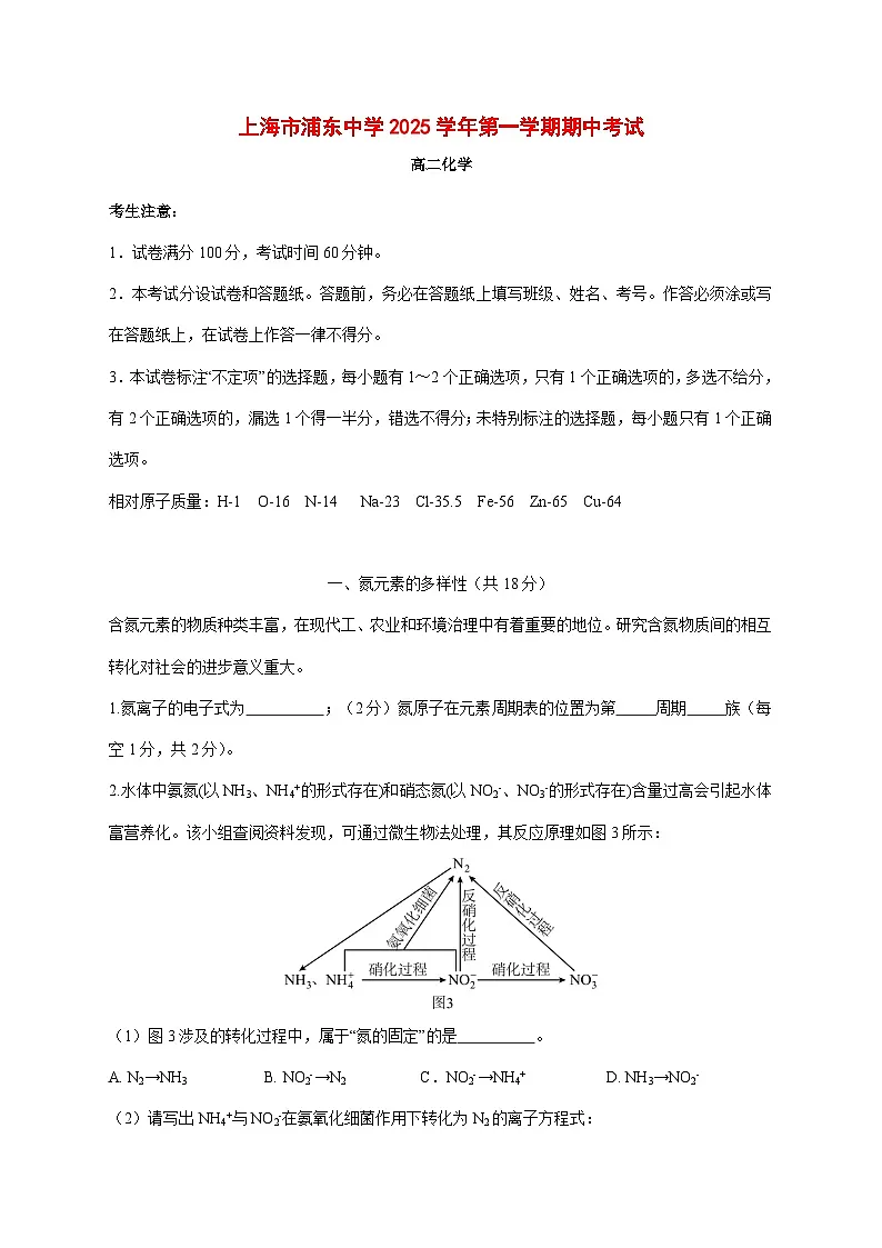 上海市浦东中学2025~2026学年高二上册期中考试化学试题 [附答案]第1页