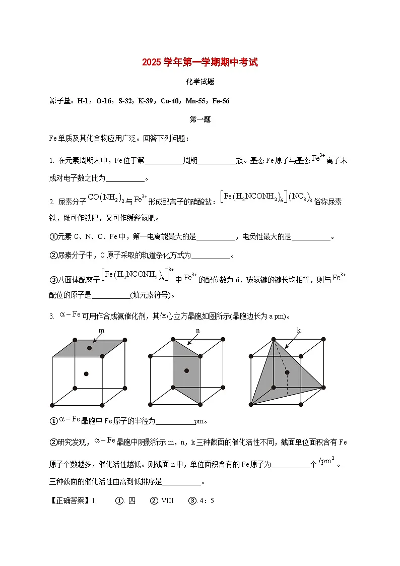 上海市上海中学2026届高三上册期中考试化学试题[附解析]第1页