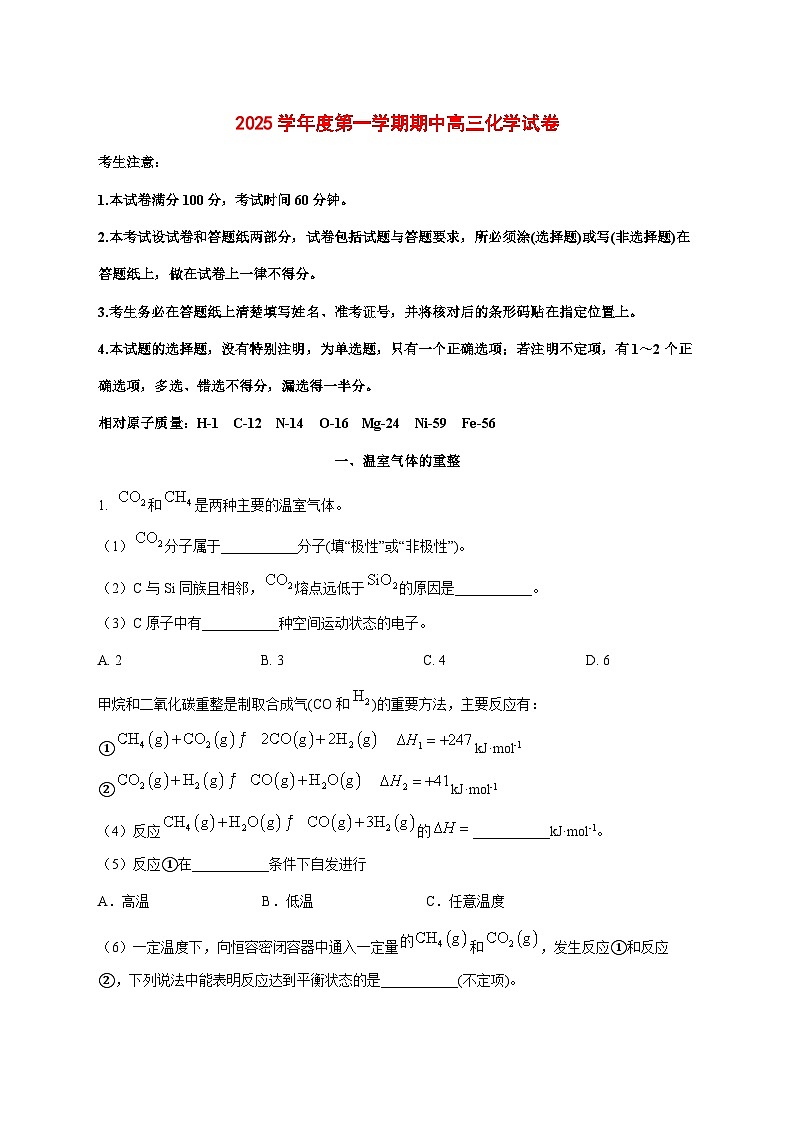 上海市杨浦高级中学2026届高三上册期中化学试题[附解析]第1页