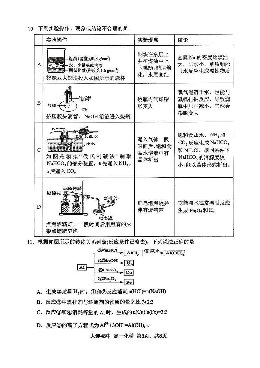 辽宁省大连市四十八中2025-2026学年高一上学期期末考试化学试题第3页