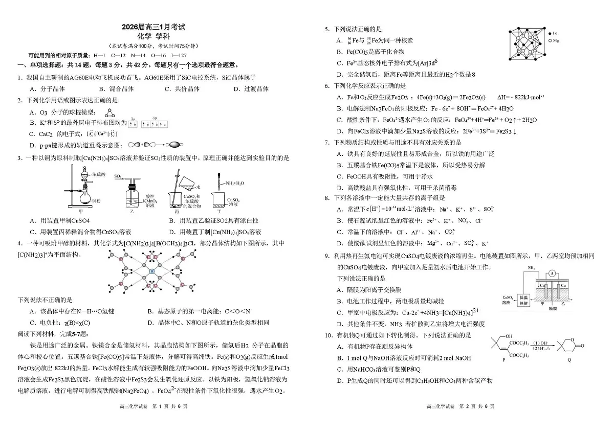合肥一中2026届高三上学期1月测试化学试题第1页