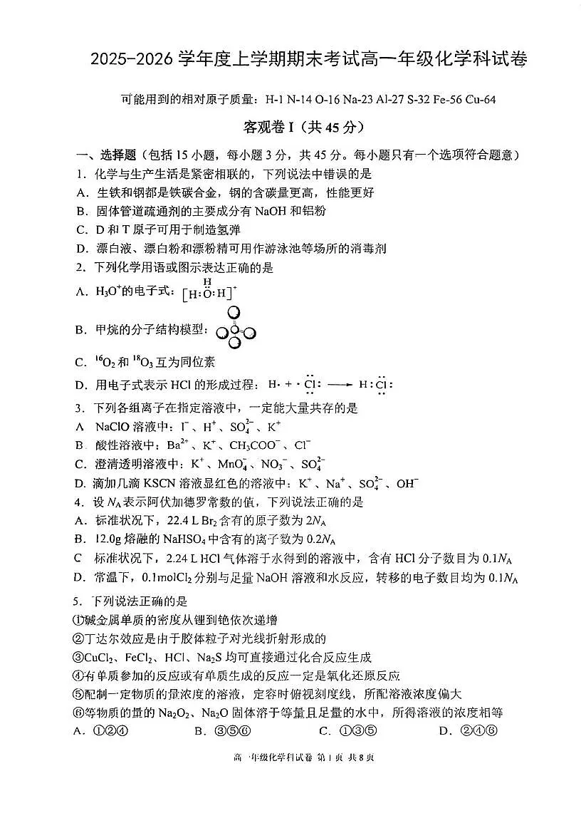 辽宁省沈阳市东北育才学校2025-2026学年高一上学期期末考试化学试卷第1页