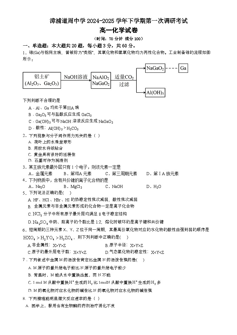 福建省漳州市漳浦道周中学高一下学期第一次月考化学试题-A4第1页