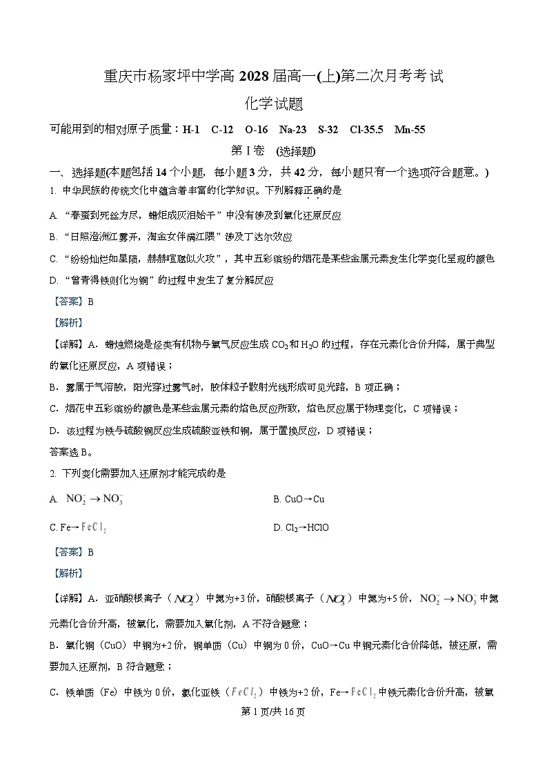 重庆市杨家坪中学2025-2026学年高一上学期第二次月考化学试题 Word版含解析第1页