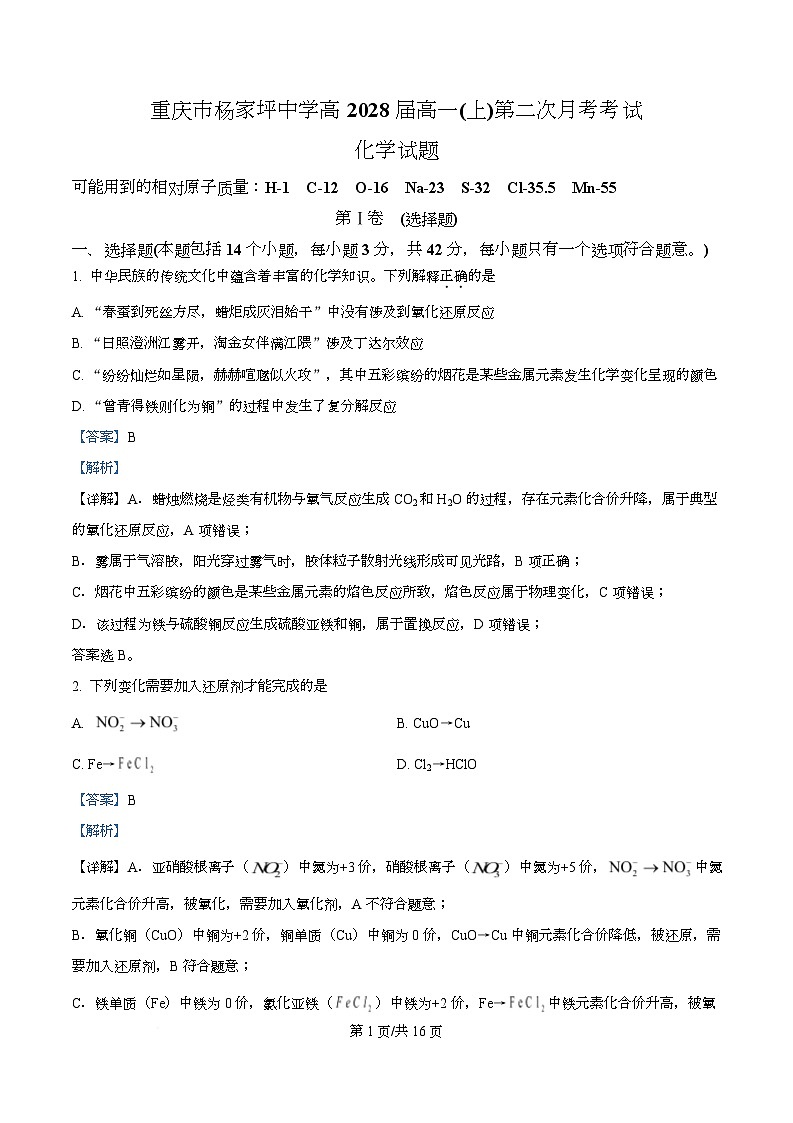 重庆市杨家坪中学2025-2026学年高一上学期第二次月考化学试题  Word版含解析第1页