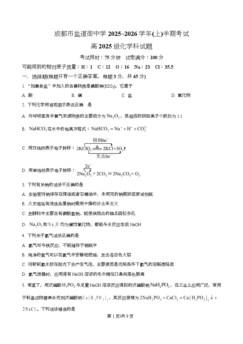 四川省成都市盐道街中2025-2026学年高一上学期期中考试 化学试题（原卷版）第1页