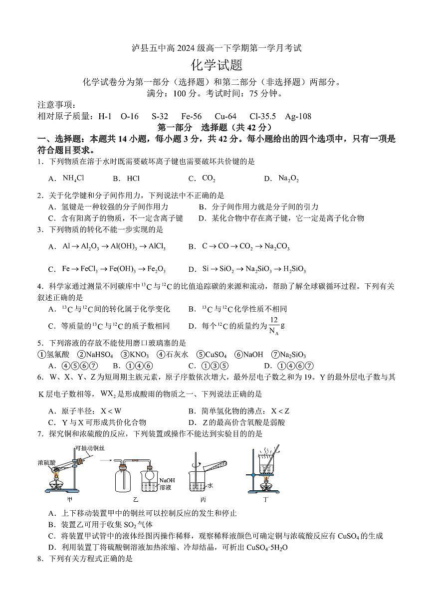 四川省泸州市泸县第五中学2024-2025学年高一下学期3月月考化学试题（无答案）第1页